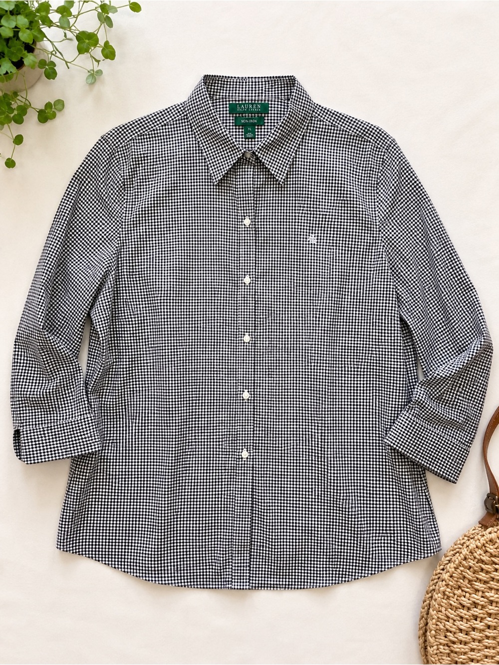 🖤🤍Lauren Ralph Lauren Black White Gingham Button Front Shirt XL 3/4 Sleeve🖤🤍